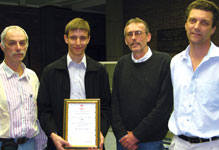 (L to R): Professor Eduard Eitelberg, deputy dean of Engineering, University of KwaZulu-Natal, Isak du Preez with the SAIMC Scholarship award, Kevin McElroy (chairman SAIMC) and Dr Edward Boje, professor of Control & deputy head of the School of Electrical, Electronic & Computer Engineering